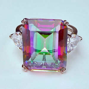 Grand 12.75 CT Mystic Topaz Emerald Cut Aurora Borealis & CZ Vintage Ring